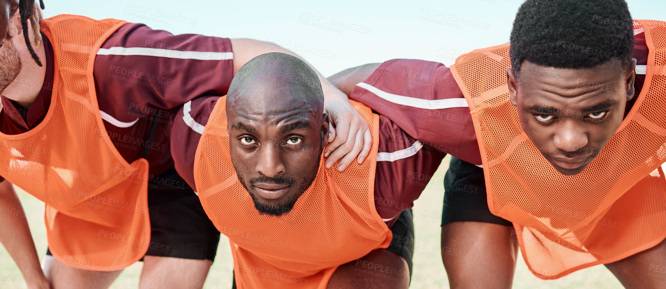 Buy stock photo Rugby team, scrum and men in portrait for training, exercise and workout together. Sports, group huddle and serious face of people in collaboration, support and solidarity for competition outdoor.