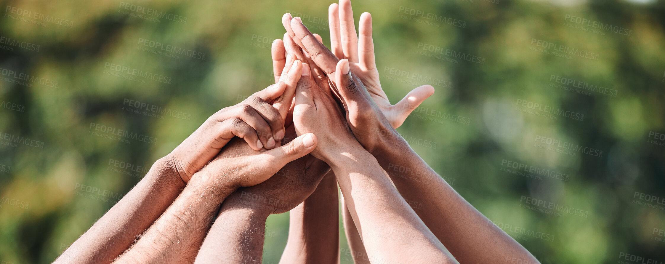 Buy stock photo People, teamwork and high five in nature, support or collaboration for motivation or outdoor goals. Closeup of group hands together in team building, solidarity or trust in unity or community outside