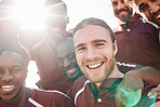 Football team, portrait and happy on sports field with victory, pride and final competition. Men, diversity and sport captain in collaboration in teamwork, lens flare and champion close up in smiles