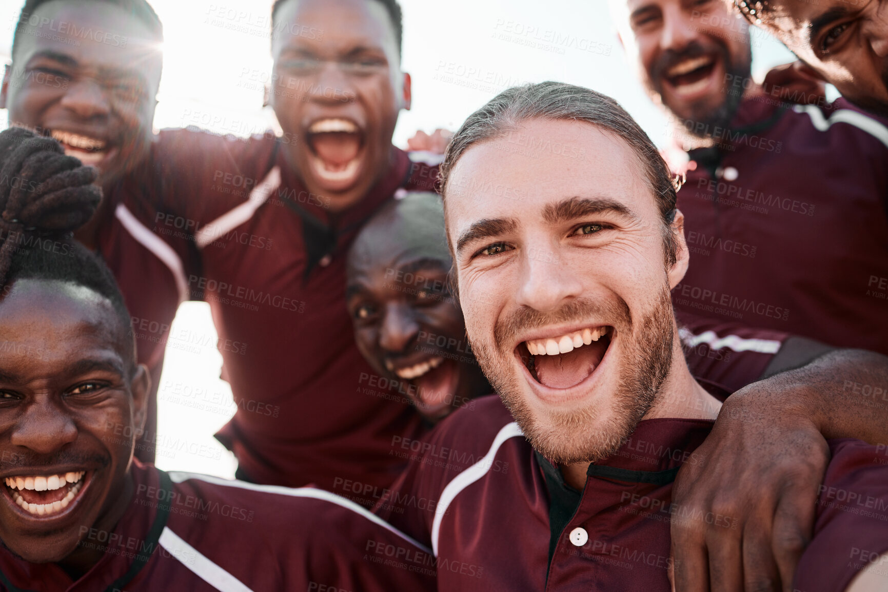 Buy stock photo Excited, portrait and rugby group in celebration at field outdoor for tournament, exercise goal and competition. Face, team and men screaming for winning game, success in match and sport achievement