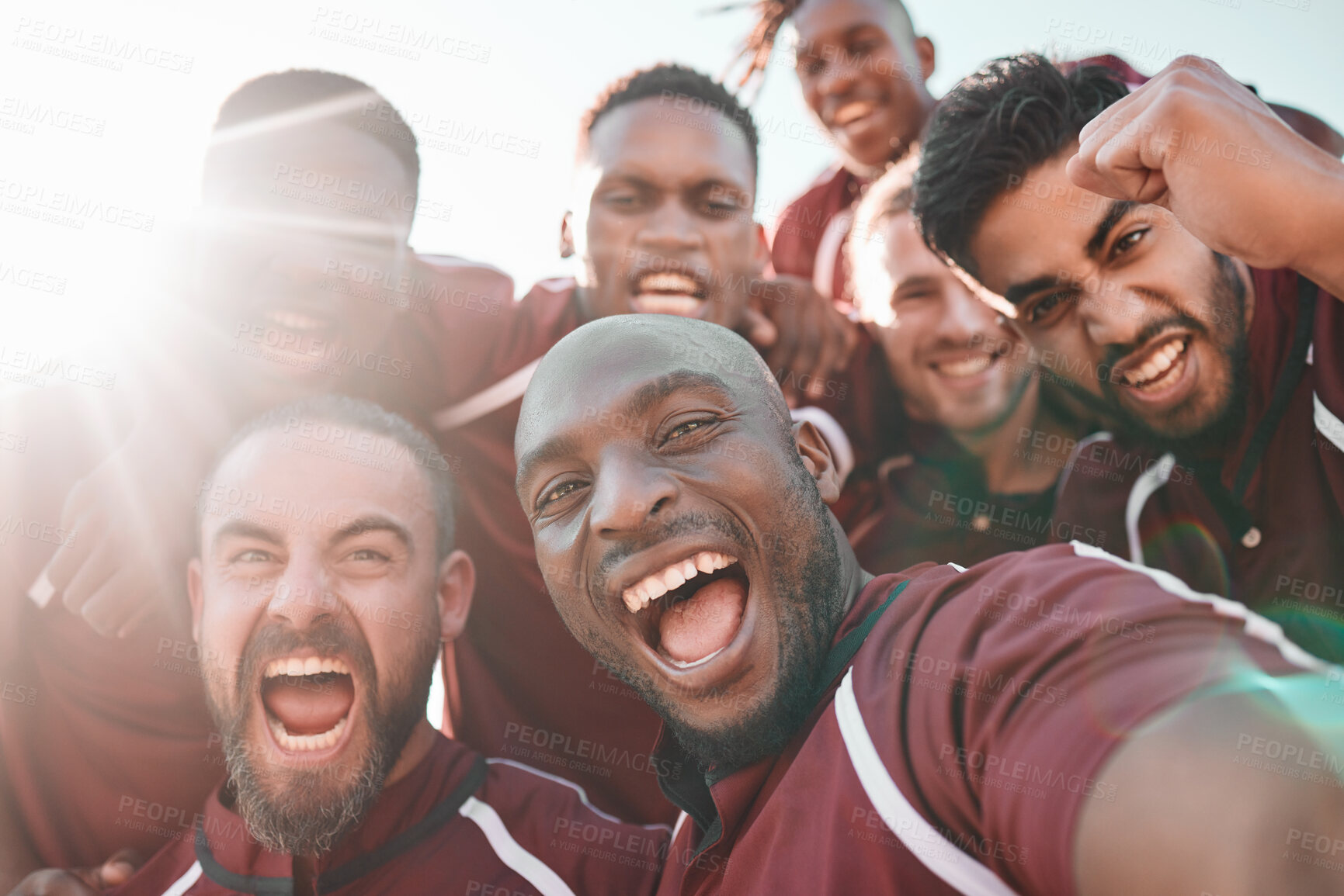 Buy stock photo Football team, portrait and selfie on sports field with happiness, pride and final competition. Men, diversity and professional sport with collaboration in teamwork, lens flare and champion close up