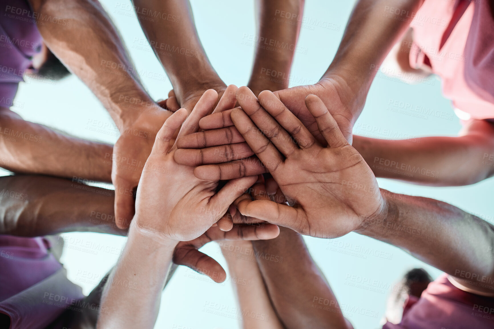 Buy stock photo People, teamwork and hands together in sports collaboration, goals or community for motivation below. Closeup of group piling in team building, solidarity or trust in support for rugby game or match