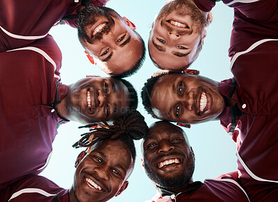 Buy stock photo Man, rugby and portrait of sports team in huddle for outdoor training, teamwork or support below. Low angle of group or players smile in scrum for fitness, collaboration or trust in unity or game