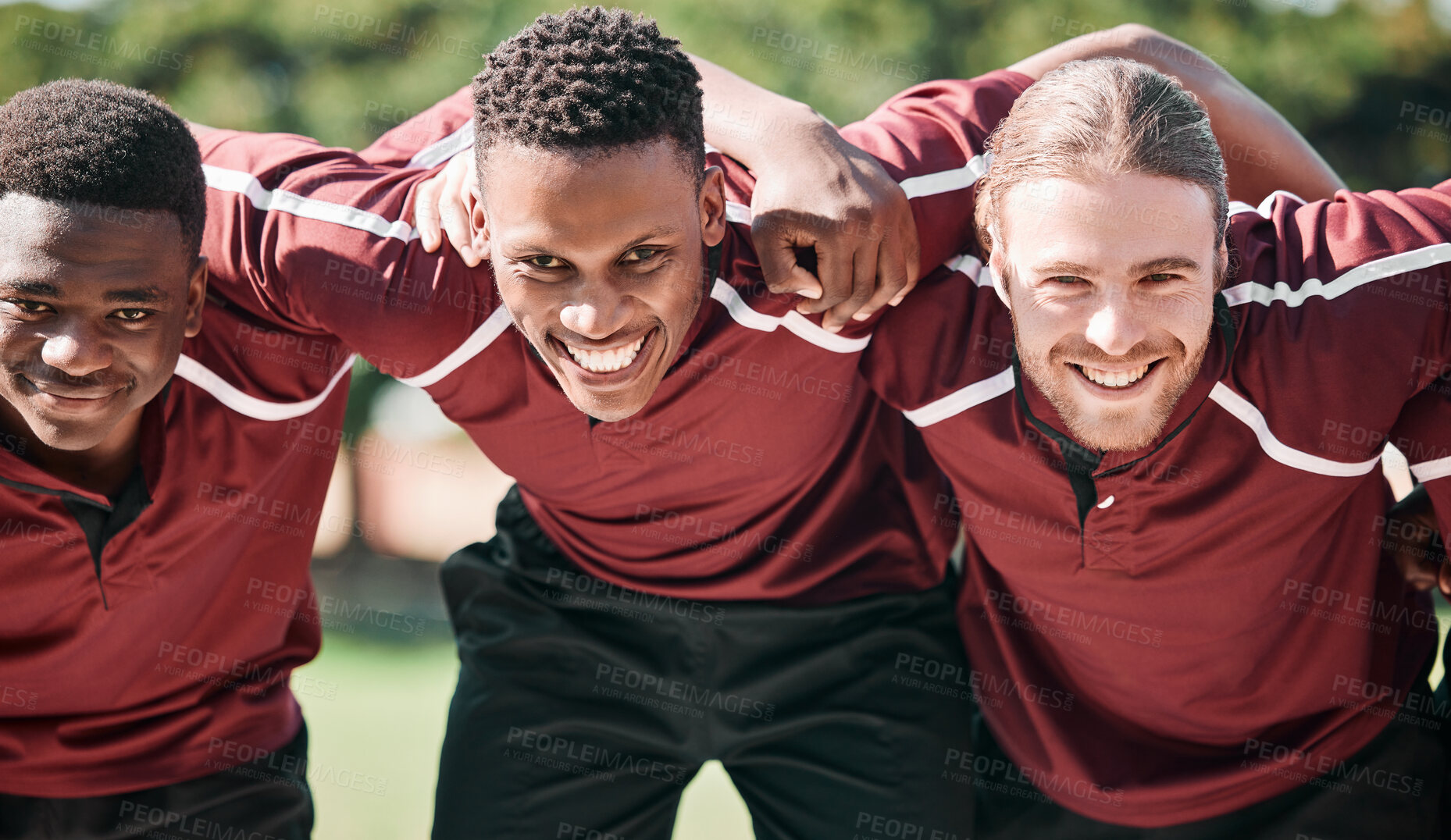 Buy stock photo Happy man, rugby and team in huddle, scrum or playoffs on outdoor field together in nature. Group portrait of sporty people or athlete smile in teamwork motivation for match start or game outside