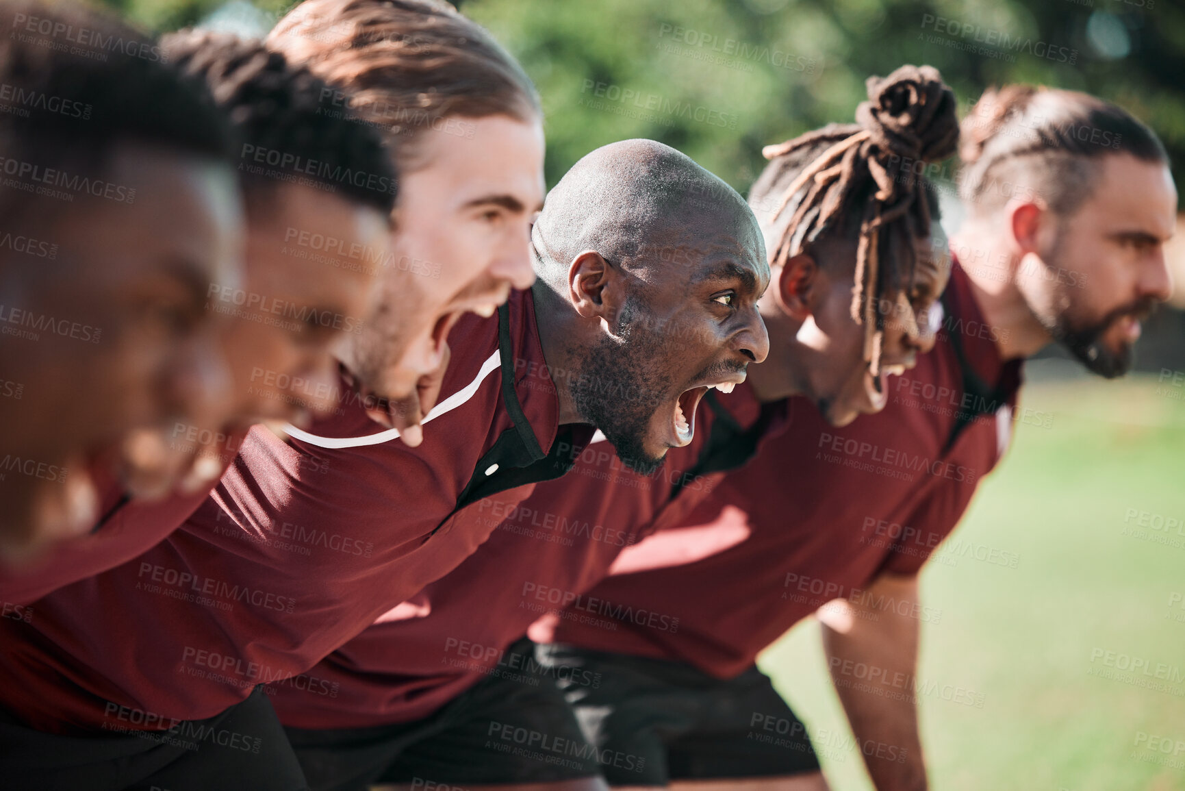 Buy stock photo Huddle, rugby and men with fitness, game and serious with workout, training and competitive with support. People, players and face on field, teamwork and exercise with screaming, scrum or commitment