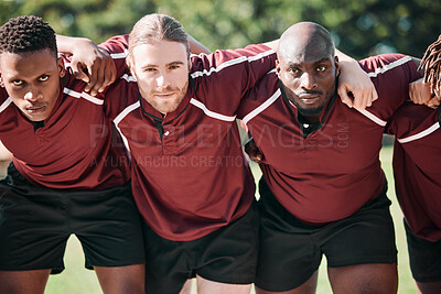 Buy stock photo Portrait, rugby and men with fitness, game and wellness with action on field, huddle and teamwork. People, players outdoor or athletes embrace, collaboration and cooperation with exercise or training