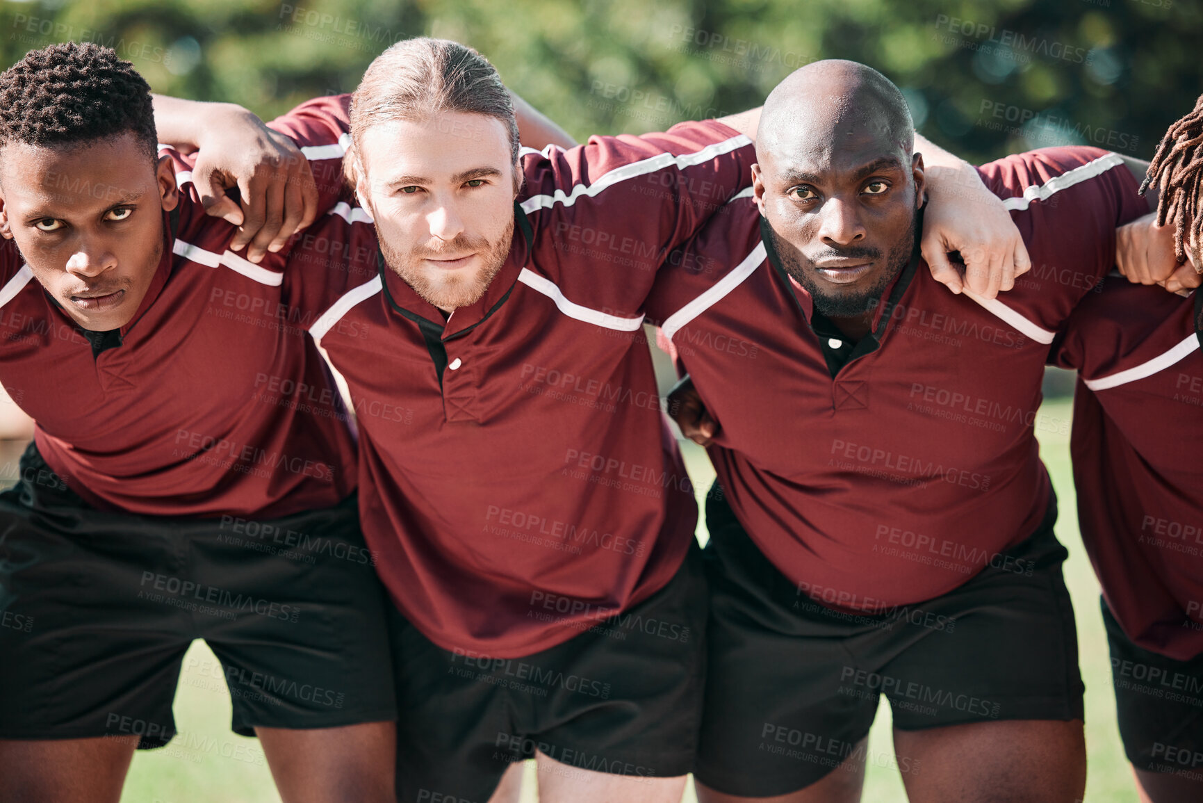 Buy stock photo Portrait, rugby and men with fitness, game and wellness with action on field, huddle and teamwork. People, players outdoor or athletes embrace, collaboration and cooperation with exercise or training