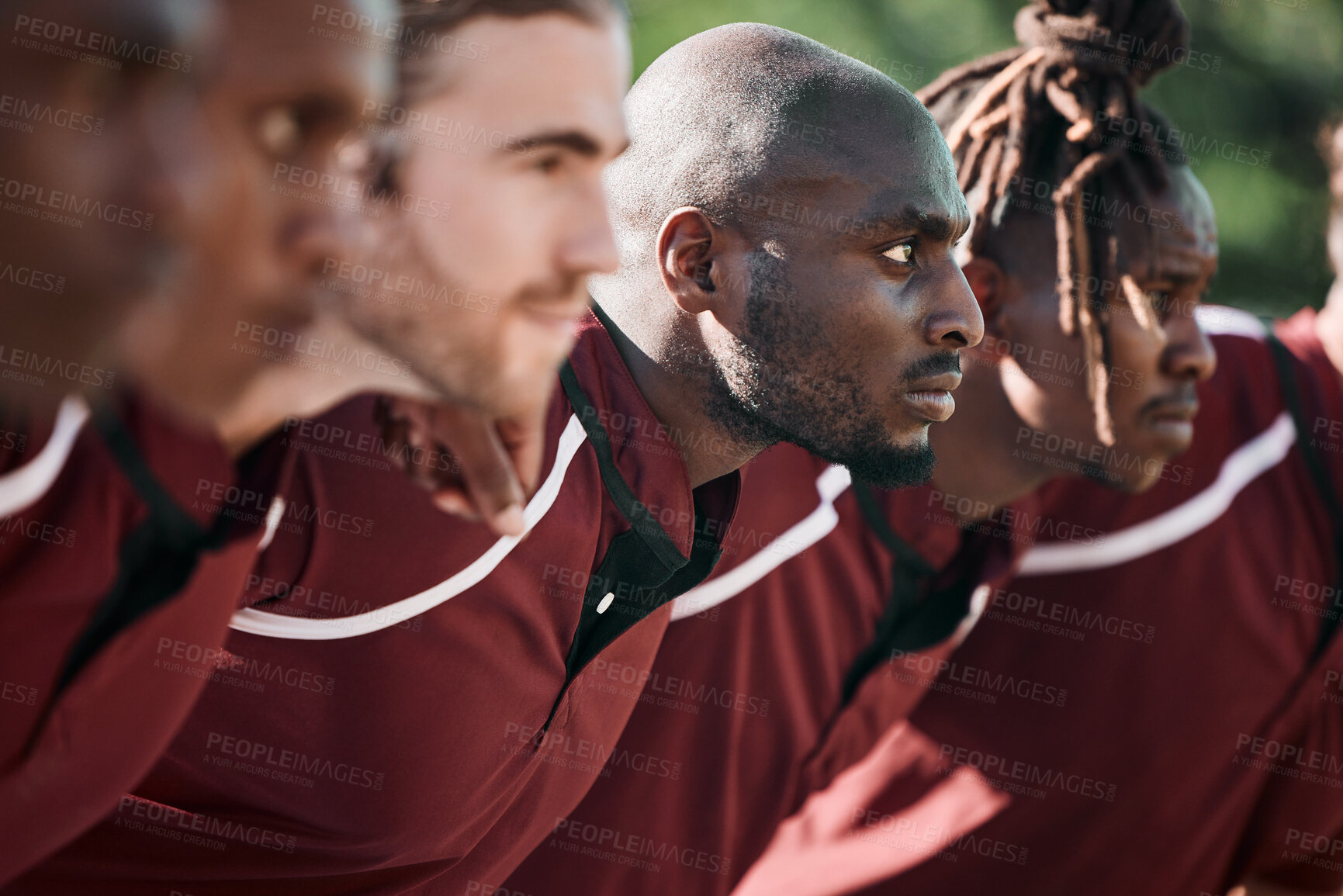 Buy stock photo Scrum, rugby and men with commitment, game and fitness with support, training and competitive. People, players and guy on a field, teamwork and exercise with breathing, match and huddle with sports