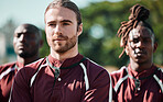Sport, men or team with face on field for collaboration, fitness or performance with game or match. Rugby, group or people outdoor in nature for wellness, training or exercise with teamwork or pride 