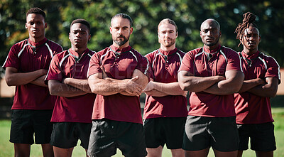 Buy stock photo Sport, men or team with crossed arms on field for collaboration or performance after game or match. Rugby, group and people outdoor in nature for fitness, training or exercise with teamwork or pride 