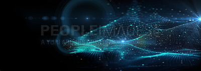 Buy stock photo Technology, digital wave and banner on black wallpaper mockup pattern, texture and futuristic info grid. Fractal data cloud, cyber analytics and network connectivity on dark background on web space.