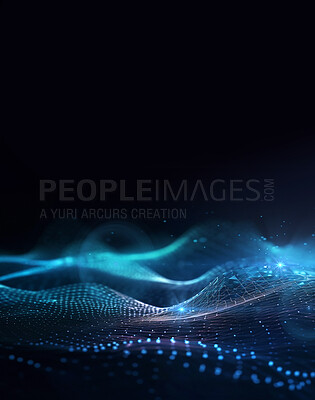 Buy stock photo Technology, wave matrix and mockup on dark background with pattern, texture and futuristic info grid. Fractal data cloud, cyber infrastructure and network connectivity on black wallpaper in web space