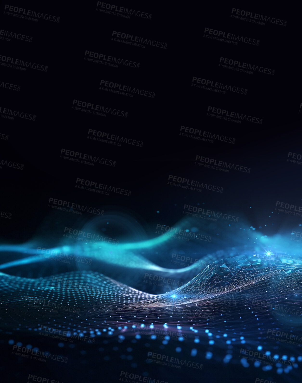 Buy stock photo Technology, wave matrix and mockup on dark background with pattern, texture and futuristic info grid. Fractal data cloud, cyber infrastructure and network connectivity on black wallpaper in web space