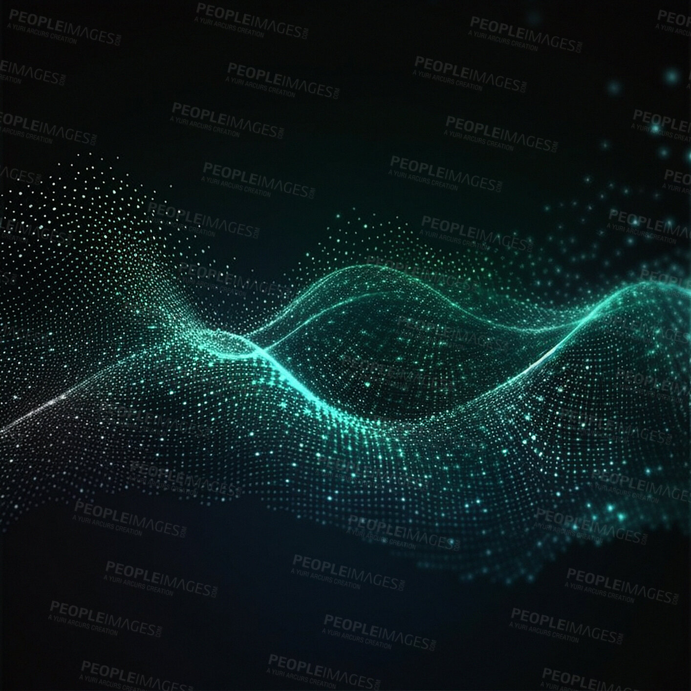 Buy stock photo Technology, wave matrix and network on black background with pattern, texture and futuristic info grid. Fractal data cloud, cyber infrastructure and digital web connection timeline on dark wallpaper.