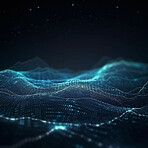 Data, internet and futuristic background wave, with blue connection, abstract and technology illustration for big data, AI or a network or stream of communication, science or music. Blockchain, cloud computing and digital copy space, mockup or focus