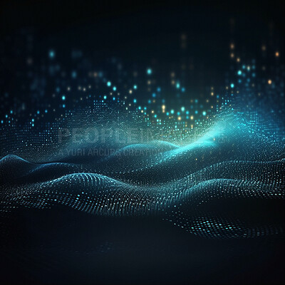 Buy stock photo Technology, wave and matrix on black background with pattern, texture and futuristic info grid. Fractal data cloud, cyber analytics and network connectivity on dark wallpaper with web infrastructure.