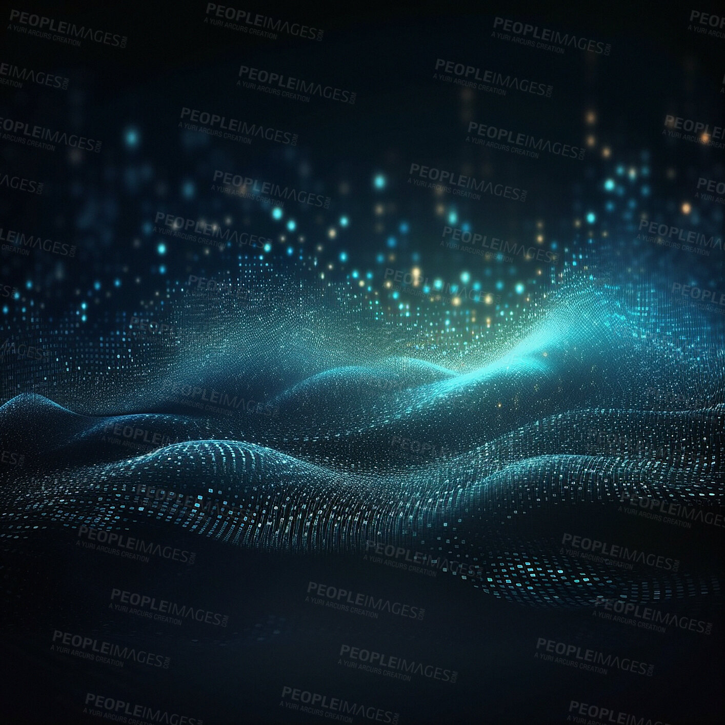 Buy stock photo Technology, wave and matrix on black background with pattern, texture and futuristic info grid. Fractal data cloud, cyber analytics and network connectivity on dark wallpaper with web infrastructure.