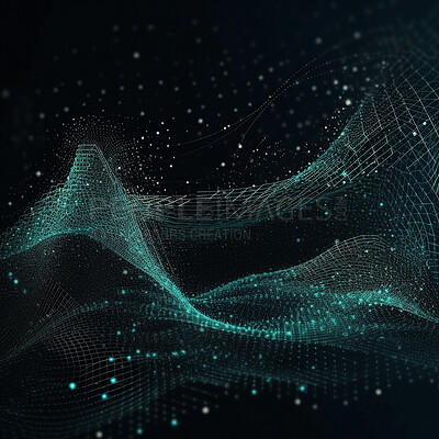 Buy stock photo Technology, wave and matrix on black wallpaper with pattern, texture and futuristic info grid. Fractal data cloud, cyber analytics and network connectivity on dark background with web infrastructure.