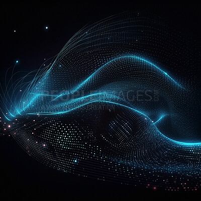 Buy stock photo Technology, wave and matrix on dark wallpaper with pattern, texture and futuristic info grid. Fractal data cloud, cyber analytics and network connectivity on black background with web infrastructure.