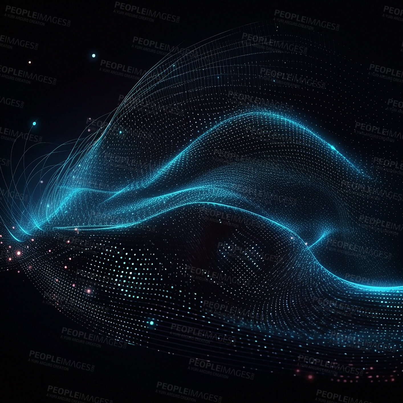 Buy stock photo Technology, wave and matrix on dark wallpaper with pattern, texture and futuristic info grid. Fractal data cloud, cyber analytics and network connectivity on black background with web infrastructure.