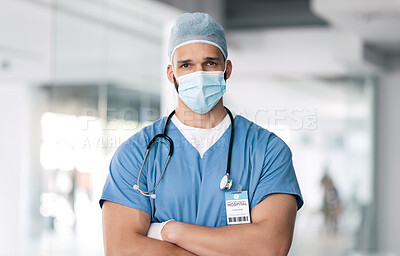 Portrait of man, surgeon in hospital with mask and ppe, healthcare worker with confidence and medicine. Health expert, medical professional and face of doctor in clinic with arms crossed in safety.