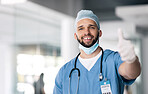 Portrait, man and doctor with thumbs up, support and agreement with feedback, motivation and medicare review. Face, person and medical professional with hand gesture, healthcare and like with icon
