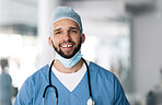 Portrait of man, surgeon in hospital with smile and ppe, healthcare worker with confidence in medicine and help. Health expert, medical professional and happy face of doctor in clinic for surgery.