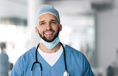 Buy stock photo Portrait of man, surgeon in hospital with smile and ppe, healthcare worker with confidence in medicine and help. Health expert, medical professional and happy face of doctor in clinic for surgery.