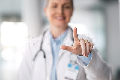 Buy stock photo Hand, doctor and woman with futuristic medicine and review with strategy, planning and connection. Click, medical professional and consultant with feedback, selection and hospital with future and ai
