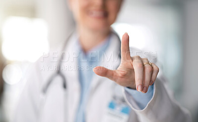 Buy stock photo Hand, doctor and woman with futuristic, press and selection with medicine, planning and connection. Click, medical professional or consultant with feedback, finger or hospital with future or decision