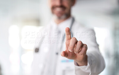 Buy stock photo Doctor, hands touch and man closeup for digital, futuristic and interface for healthcare and hospital. Clinic, medical and website ai with biotechnology, medicine and wellness working for research