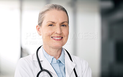 Buy stock photo Mature doctor, portrait and happy woman in hospital for healthcare, wellness or career in clinic. Face, medical professional smile and confident expert surgeon, therapist worker or employee in Canada