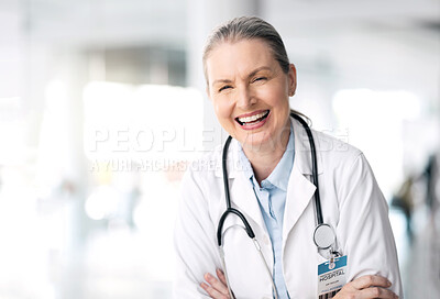 Buy stock photo Stethoscope, senior laughing and woman doctor with healthcare, medical work and hospital job. Wellness, heart cardiology and clinic with a female professional with funny joke and happy with career