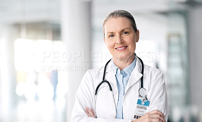 Buy stock photo Stethoscope, senior and woman doctor smile with healthcare, medical work and hospital job. Wellness, cardiology and clinic with a mature female professional with working and health consulting