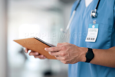 Buy stock photo Surgeon, hands and tablet in hospital for medical help, telehealth app and online results. Closeup of doctor, healthcare software and digital technology for planning data, update and clinic research