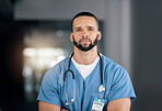 Serious, nurse and portrait of man in hospital for healthcare, wellness or nursing career. Face of surgeon, confident medical professional worker and employee, therapist or expert physician in Brazil
