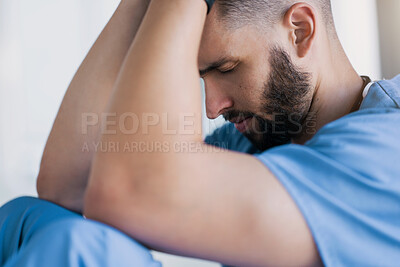 Buy stock photo Nurse, stress and man with depression in healthcare, hospital or working in clinic with mental health fatigue. Doctor, thinking and breathing to calm anxiety for surgery or burnout in workplace