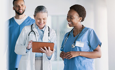 Buy stock photo Doctors, healthcare and teamwork on tablet for online management, mentor advice and research support in clinic. Women, students or nurse on digital technology for medical charts or hospital data