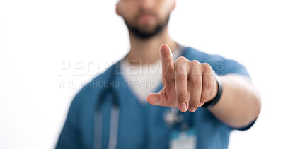 Buy stock photo Nurse, hands touch and man closeup for digital, futuristic and interface for healthcare and hospital. Clinic, medical and website ai with biotechnology, medicine and wellness working for research