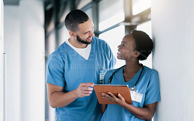 Buy stock photo Doctors, nurses and tablet for teamwork, online results and talking, planning or research of clinic or hospital management. Medical worker, students or people on digital technology for data or charts