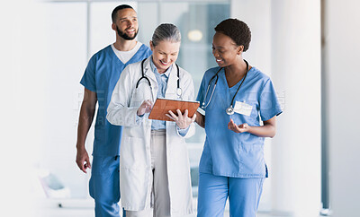 Buy stock photo Doctor, team and tablet in research, schedule planning or online search together at hospital. Group of happy medical or healthcare employees with technology in teamwork for surgery plan at clinic
