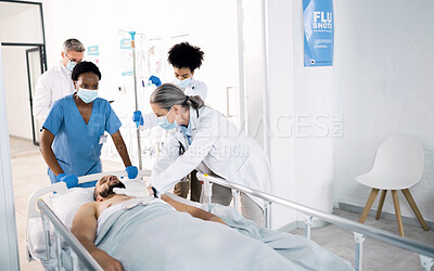 Buy stock photo CPR, emergency and team of doctors in hospital for medical service, first aid and surgery. Healthcare, teamwork and people do chest compression for injury, serious accident and wellness in clinic