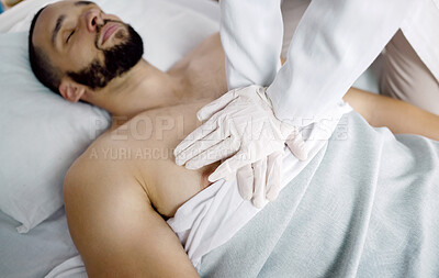 Buy stock photo CPR, emergency and hands of doctor with patient in hospital for medical service, first aid and surgery. Healthcare, teamwork and chest compressions for injury, serious accident and wellness in clinic