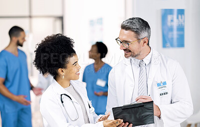 Buy stock photo Doctors, people and checklist for teamwork, medical results and mentor planning or talking of hospital or clinic. Healthcare worker, student or nurse with manager writing for notes or charts