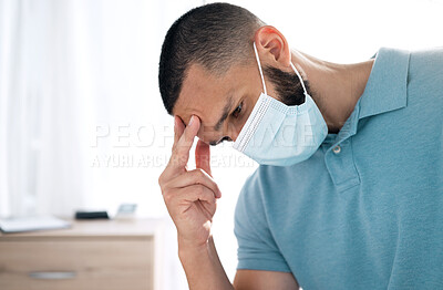 Buy stock photo Stress, headache and sad man in face mask, sick and tired of financial crisis in home. Fail challenge, anxiety and person with fatigue, burnout and thinking of bankruptcy, debt mistake and depression