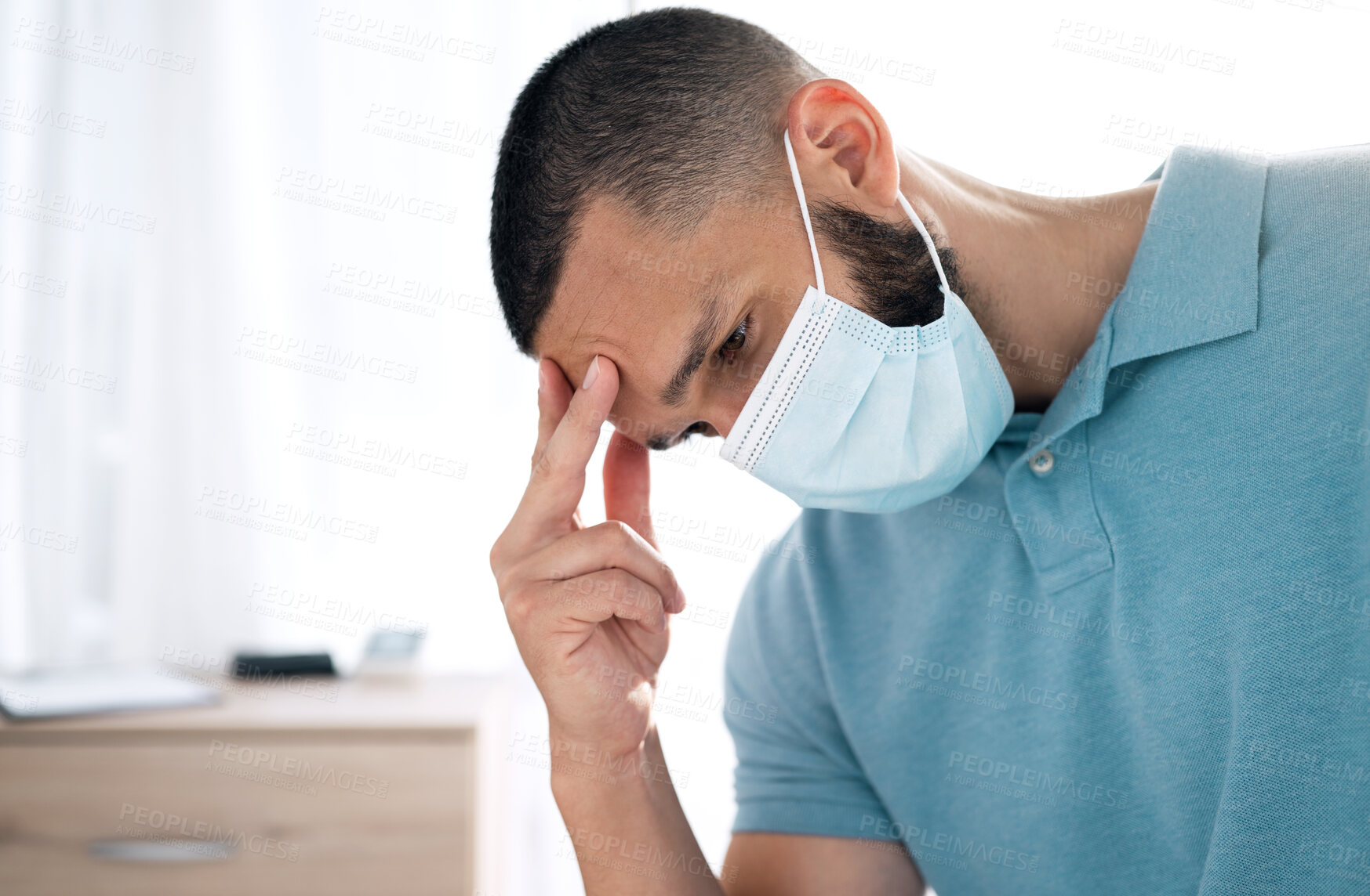 Buy stock photo Stress, headache and sad man in face mask, sick and tired of financial crisis in home. Fail challenge, anxiety and person with fatigue, burnout and thinking of bankruptcy, debt mistake and depression