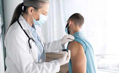 Buy stock photo Hospital, doctor and patient with injection after examination at clinic for treatment, cure or flu shot. Healthcare, medicine or vaccine for prevention, immunity or virus with mask for protection