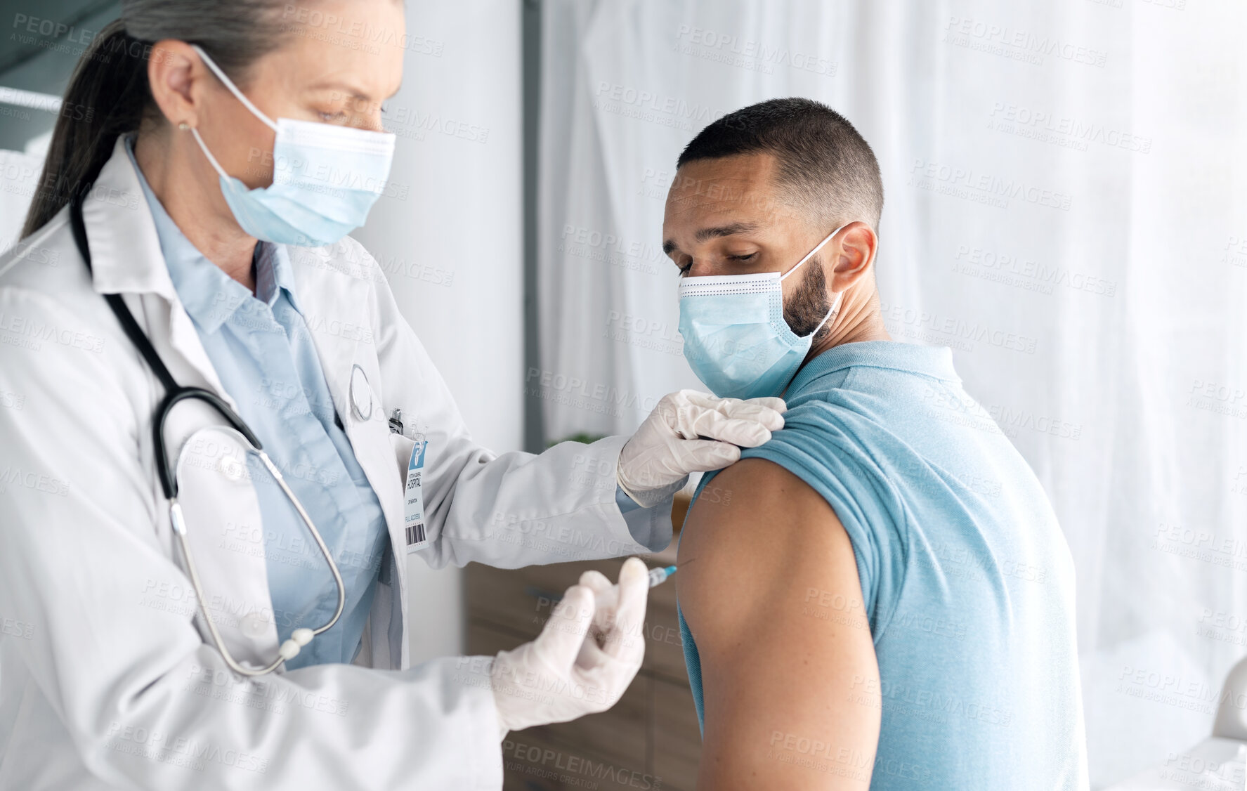 Buy stock photo Covid, doctor and patient for injection at hospital for health, wellness or vaccination with treatment. Medical care, people and clinic for checkup, prescription or cure after examination for illness