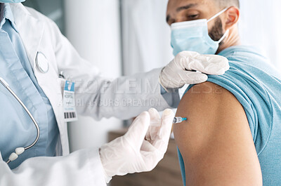 Buy stock photo Doctor, hands and patient for injection, vaccine or flu shot at hospital for checkup or appointment. Closeup of medical nurse or healthcare professional with needle for vaccination or cure at clinic