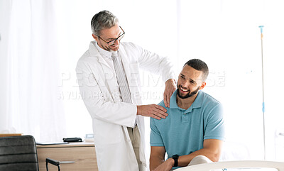 Buy stock photo Doctor, men and consultation with conversation, healthcare and appointment with injury, muscle tension and medicare. Patient in an office, medical professional and speaking with checkup and wellness